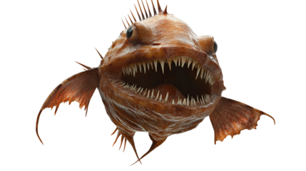 A striking close-up of a deep-sea fish. Revealing the intricate details of its teeth and fins. This image is ideal for projects related to marine life, underwater ecosystems.