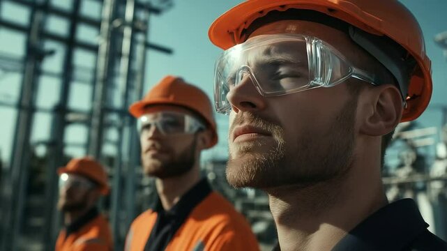 Close-up of engineers documenting transformer readings, their faces focused behind safety glasses as they inspect cooling systems and oil tanks under the harsh sunlight at the subs