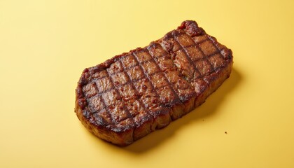 Pan-fried ribeye on pale yellow background with top view shot