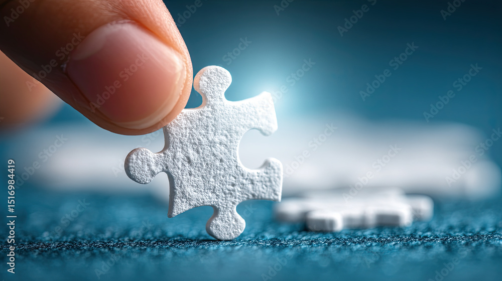 Poster hand placing puzzle piece on blue surface, symbolizing problem solving and strategic partnership, re