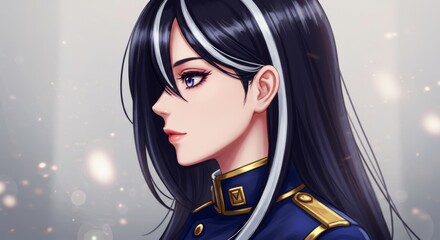 Elegant Anime Character in Military Uniform with Striking Black and White Hair