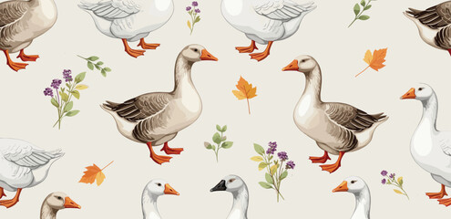 watercolor seamless pattern with geese, flowers, leaves. Nature background for fabric, wrapping, textile, art wallpaper
