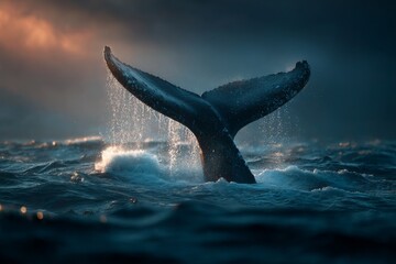 Naklejka premium Majestic whale tail rising from the ocean surface, creating splashes against the backdrop of a stunning twilight sky