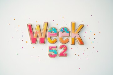 Colorful letters spelling "Week 52" surrounded by confetti creat