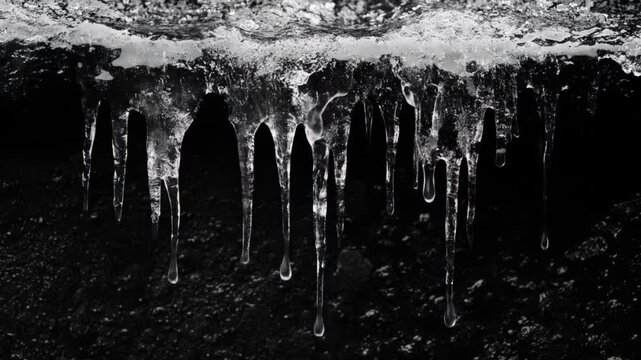Artistic black and white photo of hanging icicles