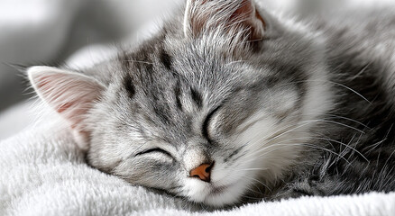 Close Up of Sleeping Gray Kitten on White Blanket, Evoking Serenity and Pet Adoption