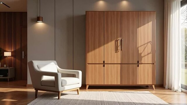 Modern Living Room Design Featuring a Stylish Wooden Armoire and Comfortable Armchair Bathed in Sunlight