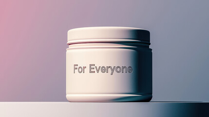 Bold cream jar with embossed text "For Everyone" on the lid, placed on a monochrome gradient background for a sleek look.