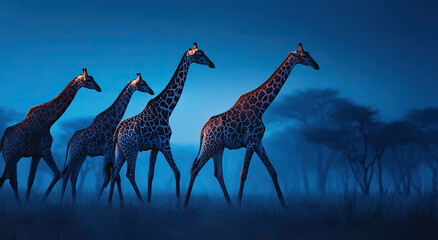 Fototapeta premium Giraffes Walking in Single File at Dusk, Showcasing Wildlife Conservation and the Beauty of African Safari Tourism