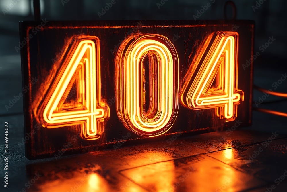 Poster illuminated neon sign displaying number 404, creating retro and