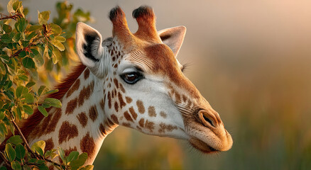 Obraz premium Elegant Giraffe Portrait Amidst Green Foliage at Golden Hour, Symbolizing Wildlife Conservation and Nature's Beauty for Environmental Awareness Campaigns