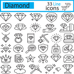 Diamond 33 line icons including gemstone, diamond design, crown diamond, and many more