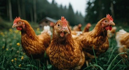 Close-Up of Brown Chickens in a Field, Illustrating Sustainable Agriculture and Farm-to-Table Freshness, Perfect for Food Industry Marketing