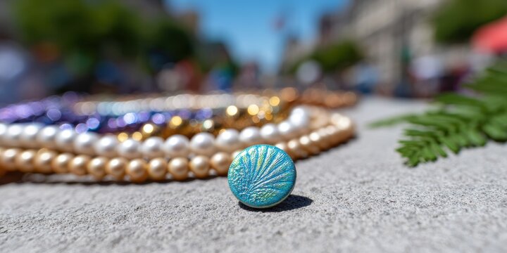 vintage parade button, sharp focus on a commemorative mermaid parade button in the foreground, with blurred vintage parade memorabilia in the background