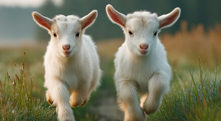 Obraz premium Two White Baby Goats Running Through a Field, Symbolizing Youthful Energy and Animal Care