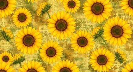 Obraz premium Bright sunflower seamless pattern with rustic texture ideal for cheerful and sunny nature backgrounds