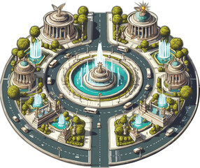 Isometric City Roundabout with Fountains Buildings and Traffic in a Stylized Design