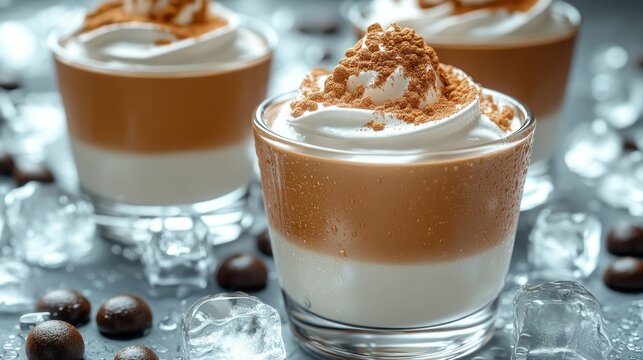 Three layered iced coffee drinks, topped with whipped cream and cocoa powder