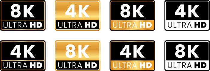 Stylized 4K and 8K Ultra HD resolution icons in gold and black for premium digital video quality, modern display badges, and high-definition streaming media visuals

