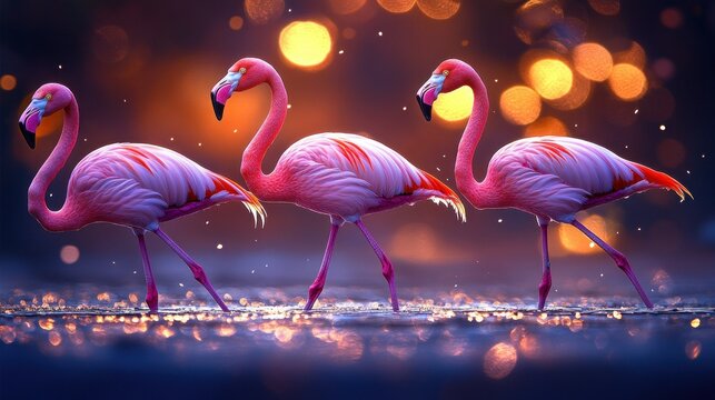 Three pink flamingos in a bokeh-filled night scene