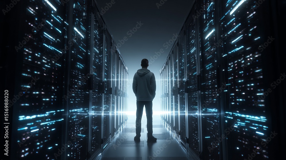 Poster silhouette man standing in modern data center server room powerful technology futuristic digital net