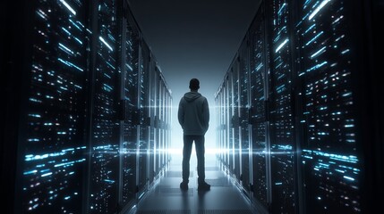 Silhouette Man Standing in Modern Data Center Server Room Powerful Technology Futuristic Digital Network Infrastructure Blue Light Glowing Servers Powerful Computing     