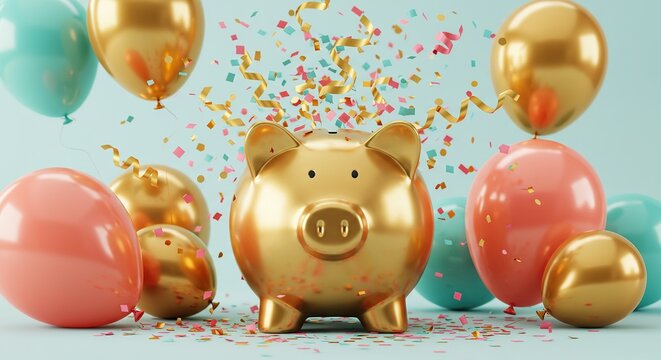 Golden Piggy Bank Surrounded by Colorful Balloons and Confetti A Festive Celebration of Financial Success