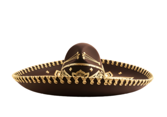 Traditional Mexican charro sombrero with gold embroidery on transparent background