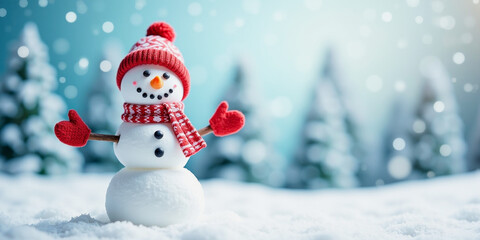 Fototapeta premium Snowman with red hat and scarf stands cheerfully in snowy landscape during winter season