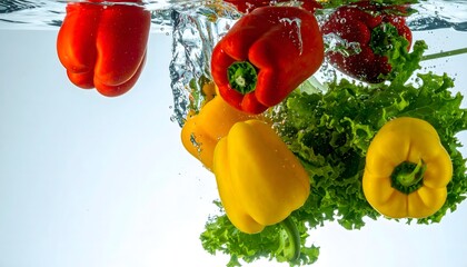 Fresh red and yellow bell peppers with lettuce splashing into clear water