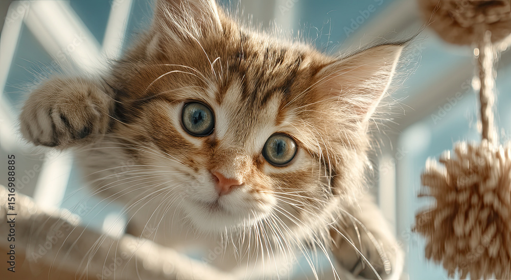 Poster ginger kitten peering down from above, representing playfulness and pet ownership in a vertical clos