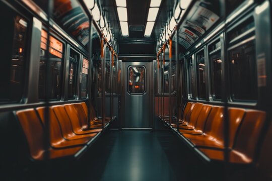 Empty subway car with orange seats and metallic interior - Powered by Adobe
