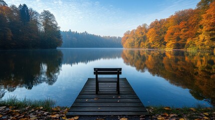 Tranquil autumn lake scene with wooden dock and bench