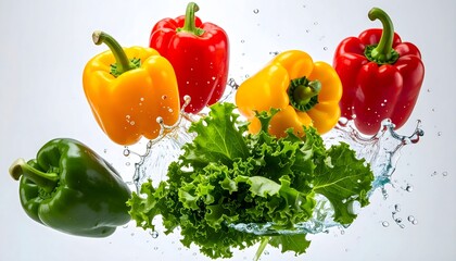 Assorted bell peppers and lettuce in vibrant splash with water droplets frozen