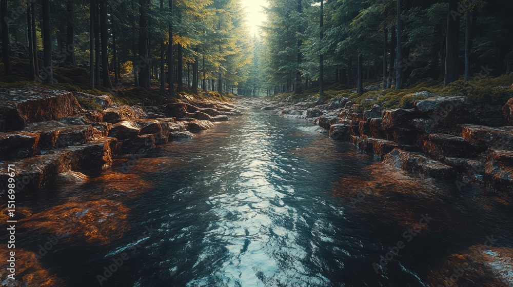Poster tranquil forest stream. sunlight streams through trees