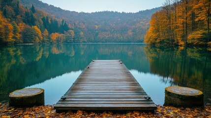 Tranquil autumn lake pier
