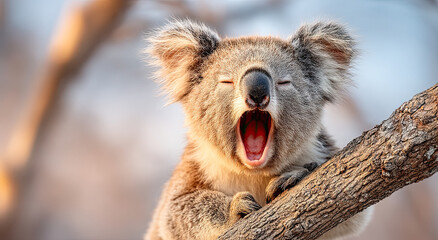 Fototapeta premium Yawning Koala Bear on Branch in Golden Light, Symbolizing Relaxation and Wildlife Conservation Efforts