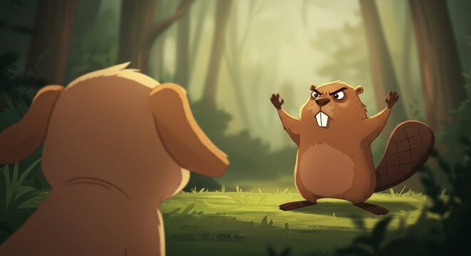 Cartoonish beaver asserting dominance with a puppy in a serene forest landscape