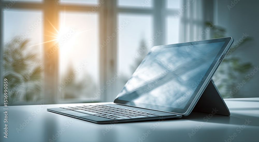 Poster Tablet Computer on Desk Near Window with Sunlight, Representing Productivity and Digital Transformation, Suitable for Remote Work and E-Learning
