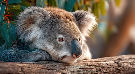 Fototapeta premium Koala Resting on a Branch in Natural Habitat, Symbolizing Conservation and Wildlife Preservation Efforts, Perfect for Educational Materials and Eco-Tourism Campaigns