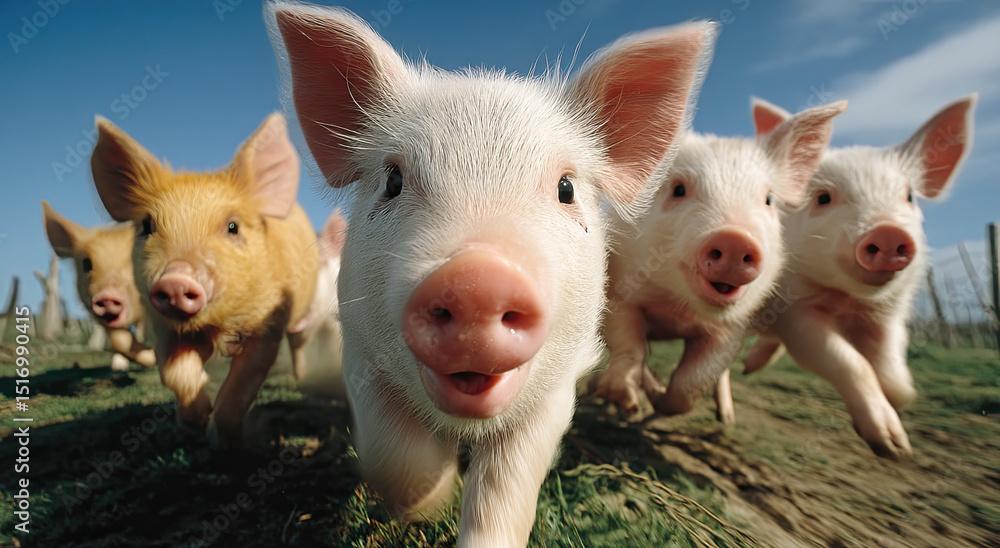 Poster group of piglets running towards camera on farm, symbolizing animal welfare and sustainable agricult