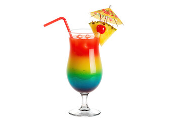 layered rainbow cocktail with a straw and tropical garnish