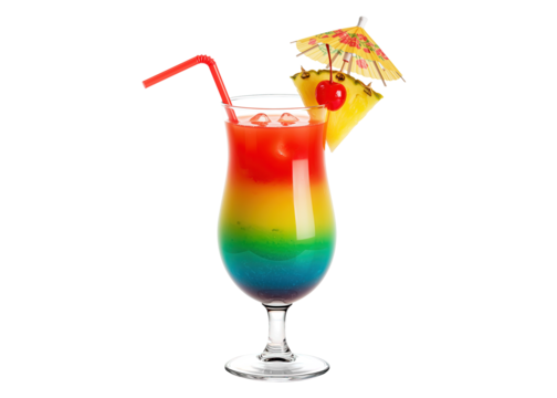 layered rainbow cocktail with a straw and tropical garnish