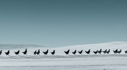 Line of Chickens Walking in Snowy Field Under a Pale Sky, Representing Group Dynamics and Agricultural Efficiency