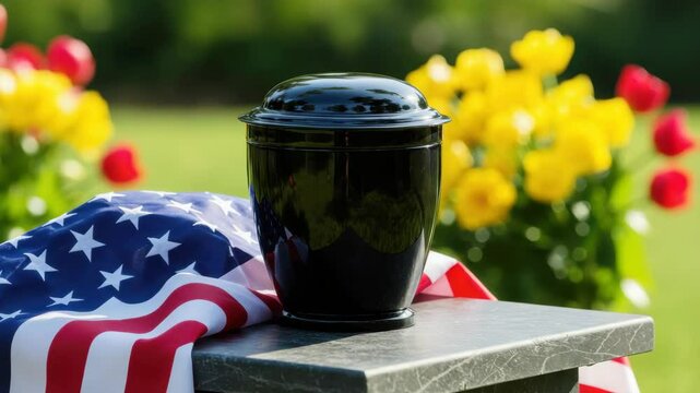 Black urn with American flag flowers memorial remembrance. Stylish black urn rests on stone surface surrounded by vibrant spring flowers.  Touching memorial concept for funeral services 