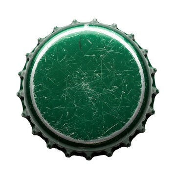 Used green metal bottle cap with scratches, top view, on a transparent background