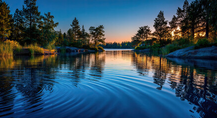 Obraz premium Lake at Sunset With Reflections of Trees, Representing Tranquility and Natural Beauty for Travel and Ecotourism Promotion — Serene Landscape