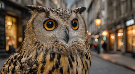 Close-Up of an Owl in an Urban Setting, Representing Wildlife Conservation and Environmental Awareness in City Planning