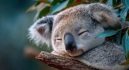 Obraz premium Sleeping Koala on Branch Surrounded by Eucalyptus Leaves, Representing Conservation and Wildlife Preservation Efforts