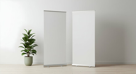 Mockup Design Two Blank Roll Up Banners Minimalist Modern Office Plant